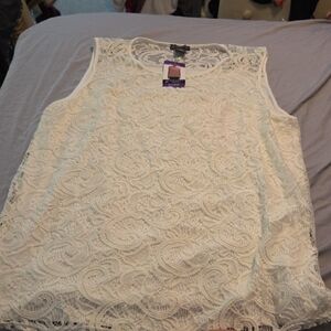 Adrianna Papell Cream Ruffled Lace Tank Top